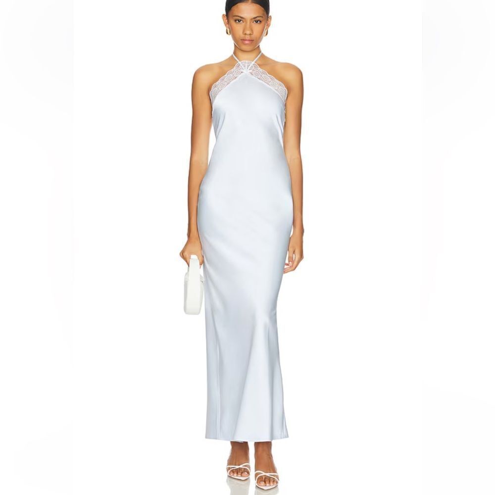 MAJORELLE Libbie Gown Light Blue satin slip dress
Halter maxi Revolve NWT L